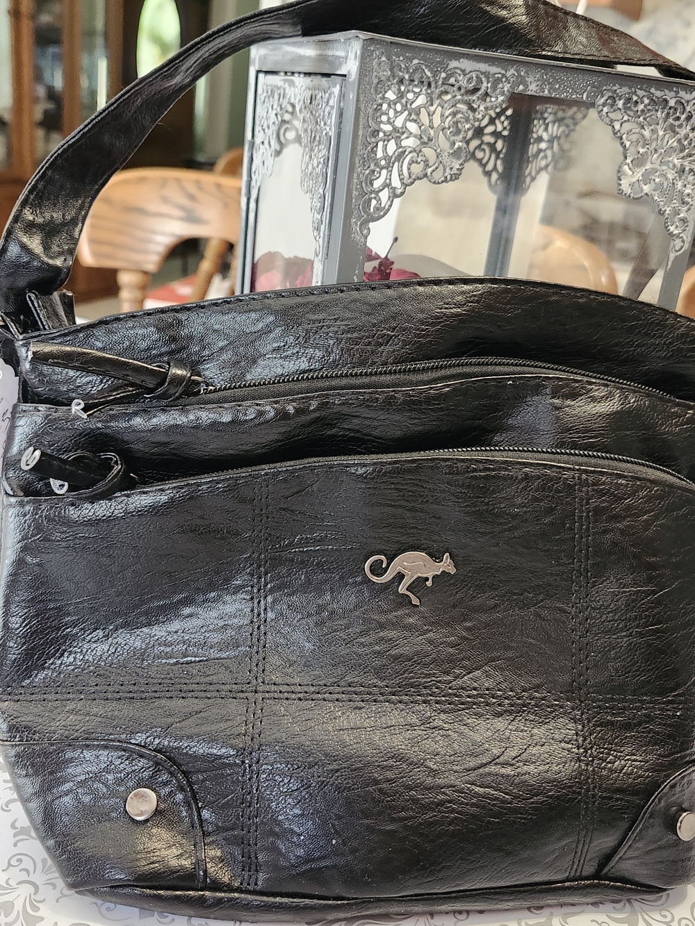 Black Leather-Look Crossbody Bag with Kangaroo Logo